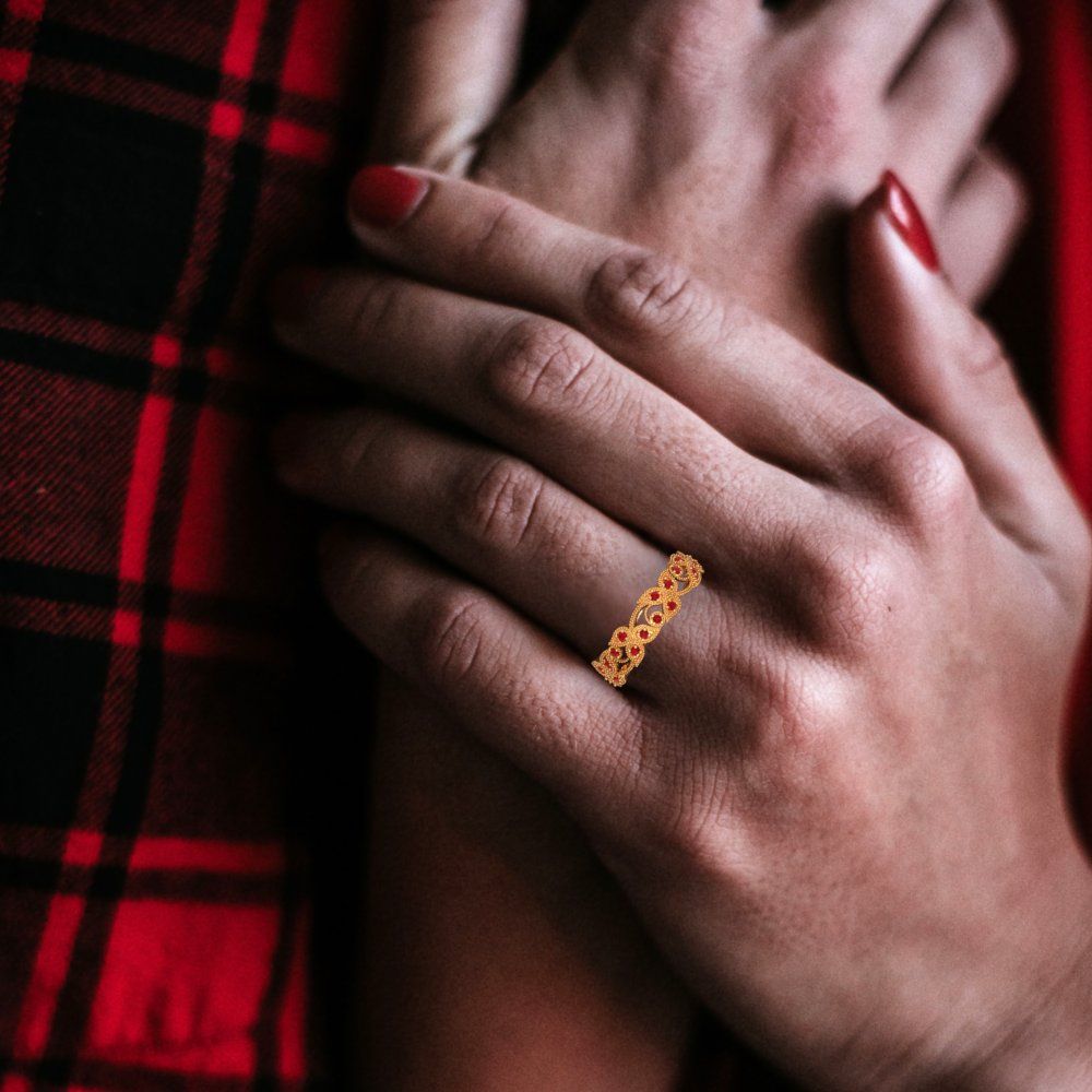 0.17 cttw Simulated Ruby Round Cut Yellow Gold Eternity Wedding Band