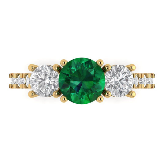 1.97 cttw Simulated Emerald Three-Stone Engagement Ring - Solid Yellow Gold (VVS1, Round Cut,6.5mm)
