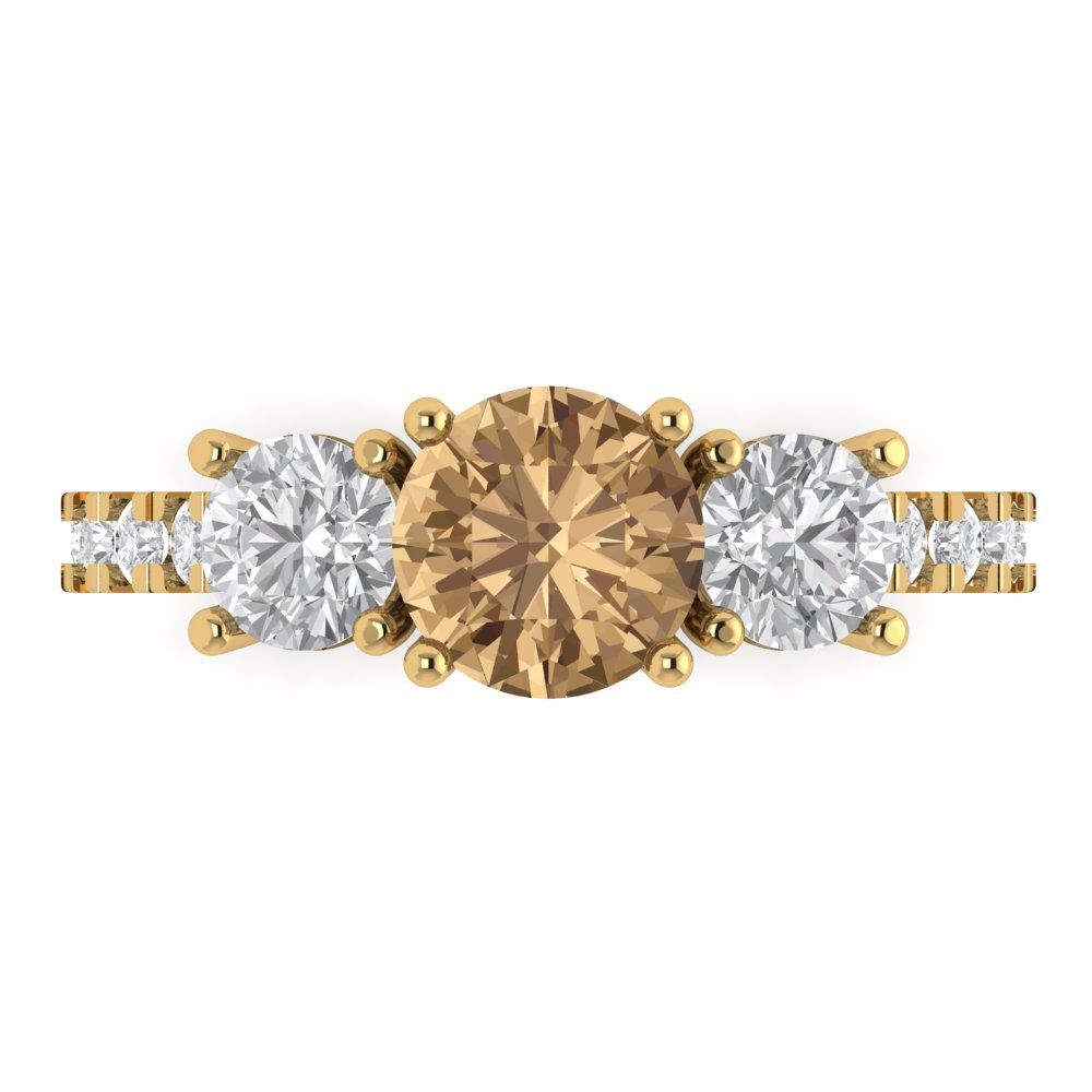 1.97 cttw Zirconia Simulated Champagne Diamond Three-Stone Engagement Ring - Solid Gold (VVS1, Round Cut,6.5mm)