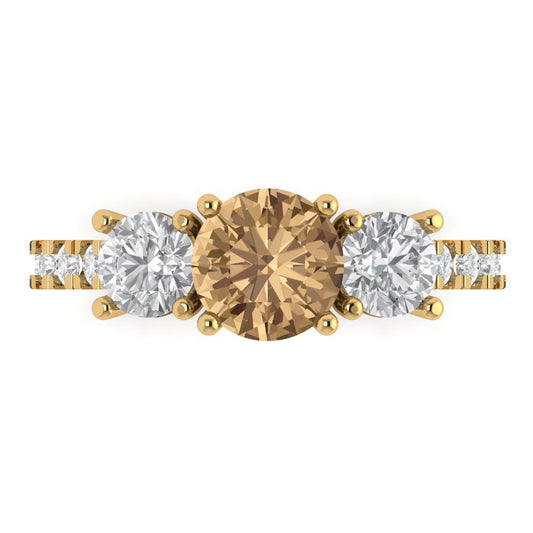 1.97 cttw Zirconia Simulated Champagne Diamond Three-Stone Engagement Ring - Solid Yellow Gold (VVS1, Round Cut,6.5mm)