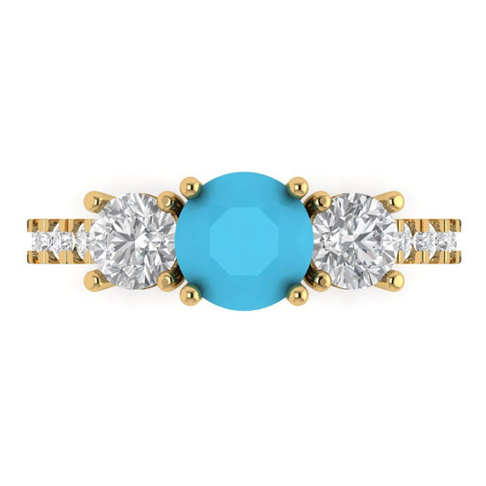 1.97 cttw Simulated Turquoise Three-Stone Engagement Ring - Solid Yellow Gold (VVS1, Round Cut,6.5mm)