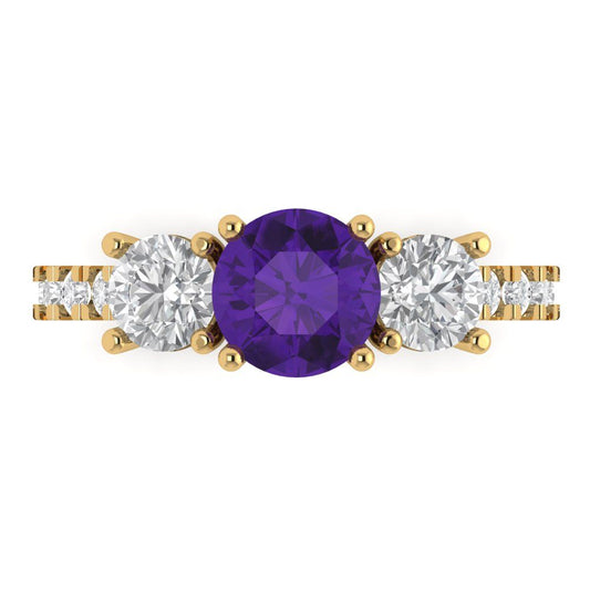 1.97 cttw Natural Amethyst Three-Stone Engagement Ring - Solid Yellow Gold (VVS1, Round Cut,6.5mm)