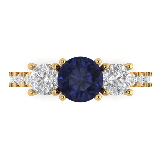 1.97 cttw Simulated Blue Sapphire Three-Stone Engagement Ring - Solid Yellow Gold (VVS1, Round Cut,6.5mm)