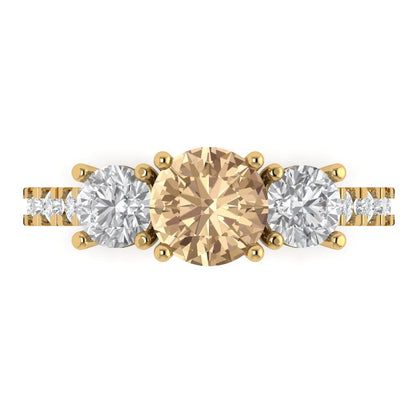 1.97 cttw Yellow Moissanite Three-Stone Engagement Ring - Solid Gold (Round Cut,6.5mm)