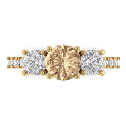 1.97 cttw Yellow Moissanite Three-Stone Engagement Ring - Solid Yellow Gold (VVS1, Round Cut,6.5mm)