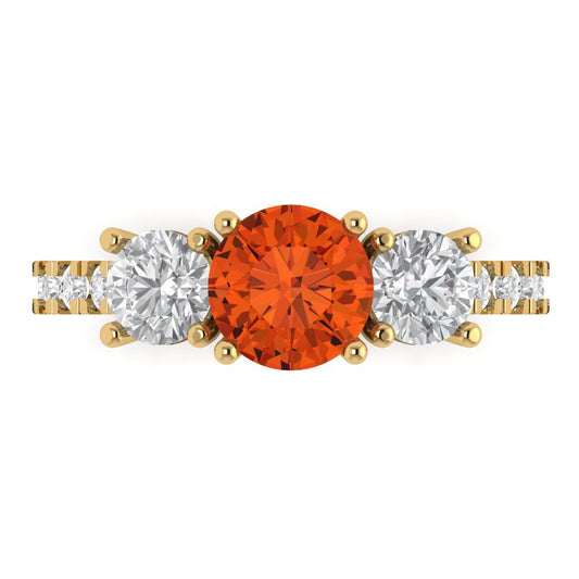 1.97 cttw Zirconia Simulated Red Diamond Three-Stone Engagement Ring - Solid Yellow Gold (VVS1, Round Cut,6.5mm)