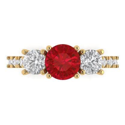 1.97 cttw Simulated Ruby Three-Stone Engagement Ring - Solid Yellow Gold (VVS1, Round Cut,6.5mm)