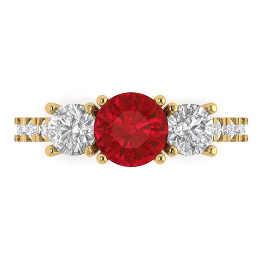 1.97 cttw Simulated Ruby Three-Stone Engagement Ring - Solid Yellow Gold (VVS1, Round Cut,6.5mm)
