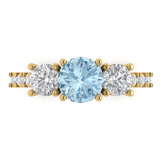 1.97 cttw Zirconia Simulated Blue Diamond Three-Stone Engagement Ring - Solid Yellow Gold (VVS1, Round Cut,6.5mm)