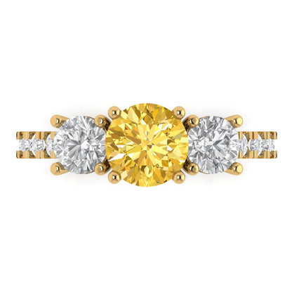 1.97 cttw Zirconia Simulated Yellow Diamond Three-Stone Engagement Ring - Solid Gold (VVS1, Round Cut,6.5mm)