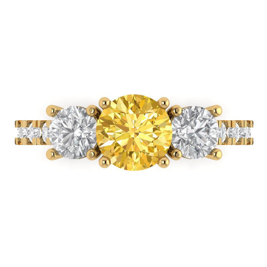 1.97 cttw Zirconia Simulated Yellow Diamond Three-Stone Engagement Ring - Solid Yellow Gold (VVS1, Round Cut,6.5mm)