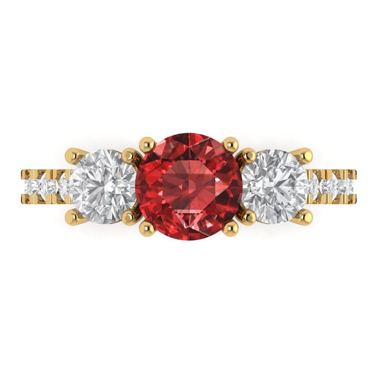 1.97 cttw Natural Garnet Three-Stone Engagement Ring - Solid Yellow Gold (VVS1, Round Cut,6.5mm)