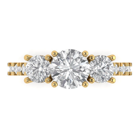1.97 cttw Moissanite Three-Stone Engagement Ring - Solid Yellow Gold (VVS1, Round Cut,6.5mm)