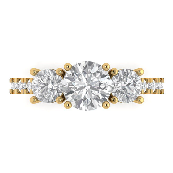 2.02 ct Brilliant Round Cut Moissanite Stone Yellow Gold Solitaire with Accents Three-Stone Ring