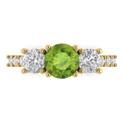 1.97 cttw Natural Peridot Three-Stone Engagement Ring - Solid Gold (Round Cut,6.5mm)