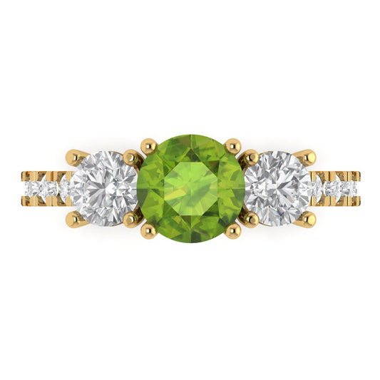 1.97 cttw Natural Peridot Three-Stone Engagement Ring - Solid Yellow Gold (VVS1, Round Cut,6.5mm)