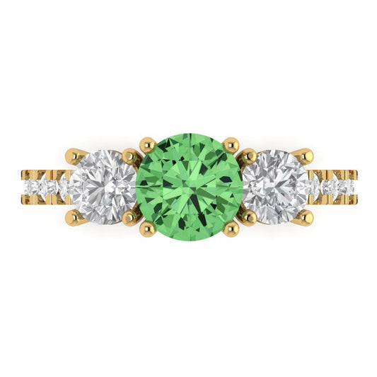 1.97 cttw Zirconia Simulated Green Diamond Three-Stone Engagement Ring - Solid Yellow Gold (VVS1, Round Cut,6.5mm)