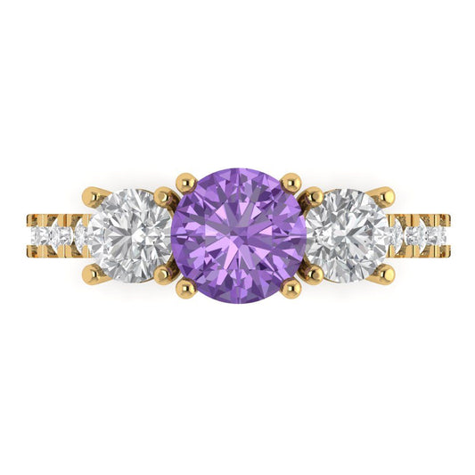 1.97 cttw Simulated Alexandrite Three-Stone Engagement Ring - Solid Yellow Gold (VVS1, Round Cut,6.5mm)