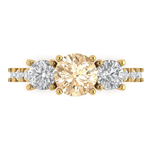1.97 cttw Natural Morganite Three-Stone Engagement Ring - Solid Yellow Gold (VVS1, Round Cut,6.5mm)