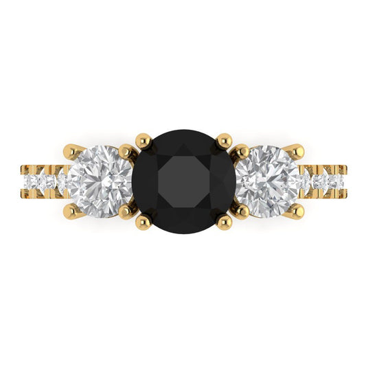 1.97 cttw Natural Onyx Three-Stone Engagement Ring - Solid Yellow Gold (VVS1, Round Cut,6.5mm)