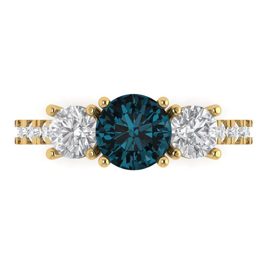 1.97 cttw Natural London Blue Topaz Three-Stone Engagement Ring - Solid Yellow Gold (VVS1, Round Cut,6.5mm)