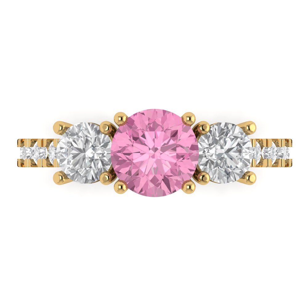 1.97 cttw Zirconia Simulated Pink Diamond Three-Stone Engagement Ring - Solid Gold (VVS1, Round Cut,6.5mm)