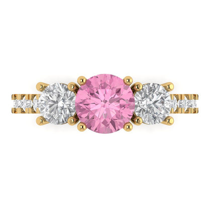 1.97 cttw Zirconia Simulated Pink Diamond Three-Stone Engagement Ring - Solid Gold (VVS1, Round Cut,6.5mm)