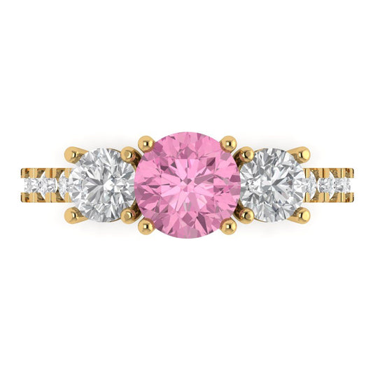 1.97 cttw Zirconia Simulated Pink Diamond Three-Stone Engagement Ring - Solid Yellow Gold (VVS1, Round Cut,6.5mm)