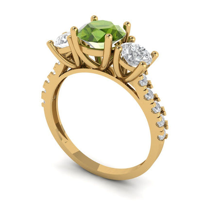 1.97 cttw Natural Peridot Three-Stone Engagement Ring - Solid Gold (Round Cut,6.5mm)
