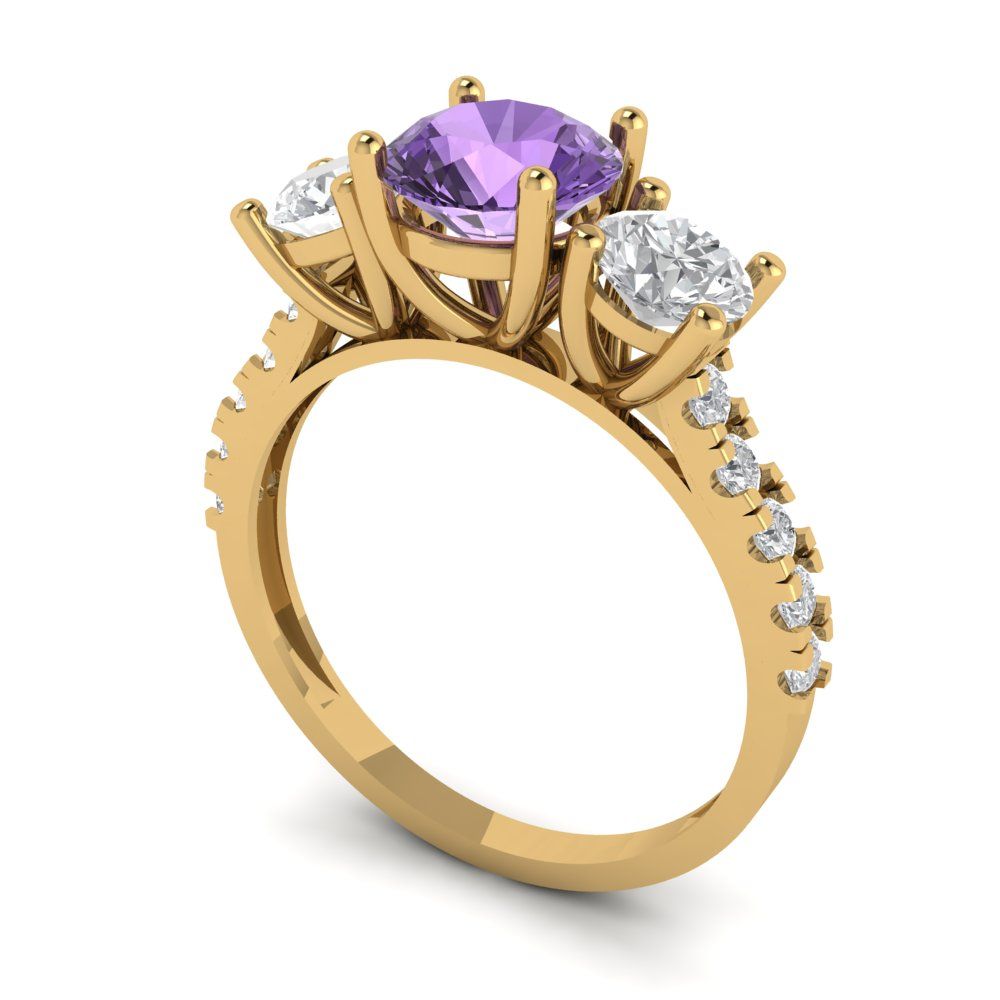 1.97 cttw Simulated Alexandrite Three-Stone Engagement Ring - Solid Gold (Round Cut,6.5mm)