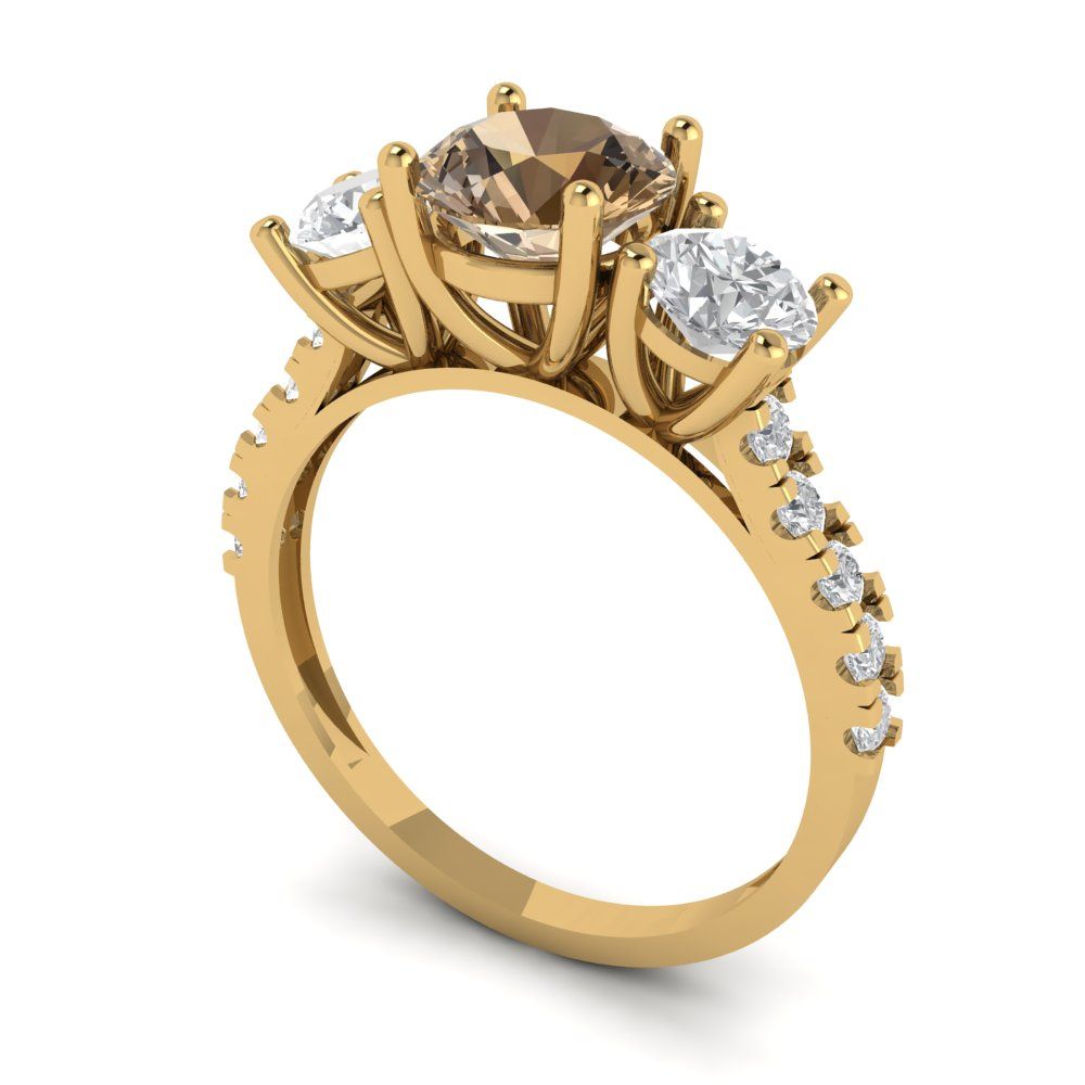1.97 cttw Zirconia Simulated Champagne Diamond Three-Stone Engagement Ring - Solid Gold (VVS1, Round Cut,6.5mm)