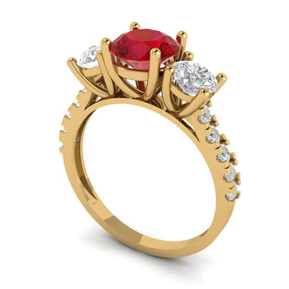 1.97 cttw Simulated Ruby Three-Stone Engagement Ring - Solid Yellow Gold (VVS1, Round Cut,6.5mm)