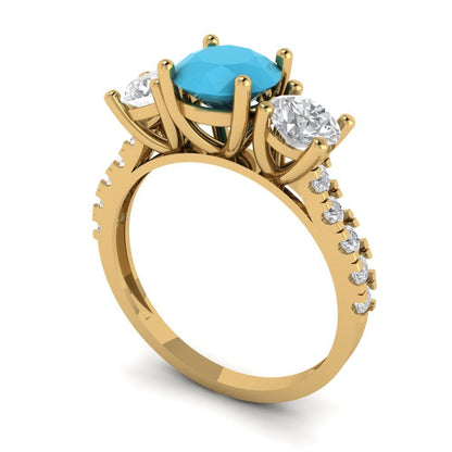 1.97 cttw Simulated Turquoise Three-Stone Engagement Ring - Solid Gold (Round Cut,6.5mm)