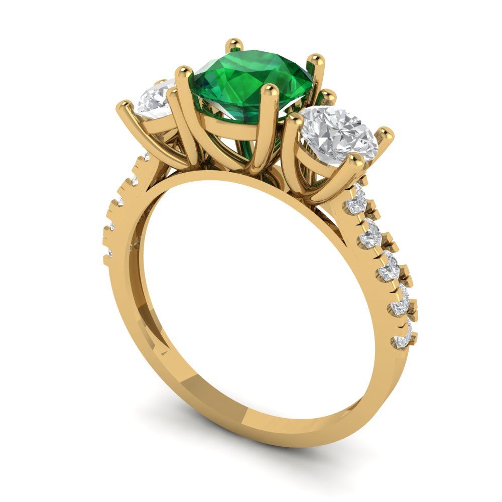 1.97 cttw Simulated Emerald Three-Stone Engagement Ring - Solid Gold (Round Cut,6.5mm)