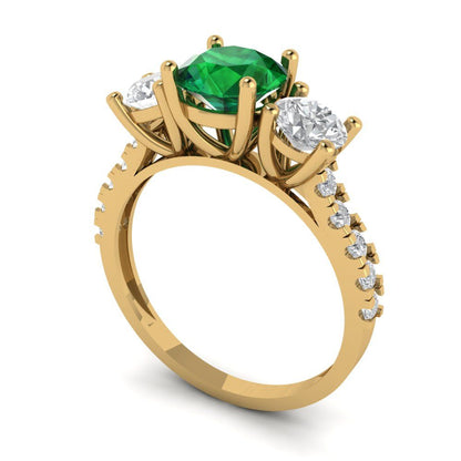 1.97 cttw Simulated Emerald Three-Stone Engagement Ring - Solid Gold (Round Cut,6.5mm)
