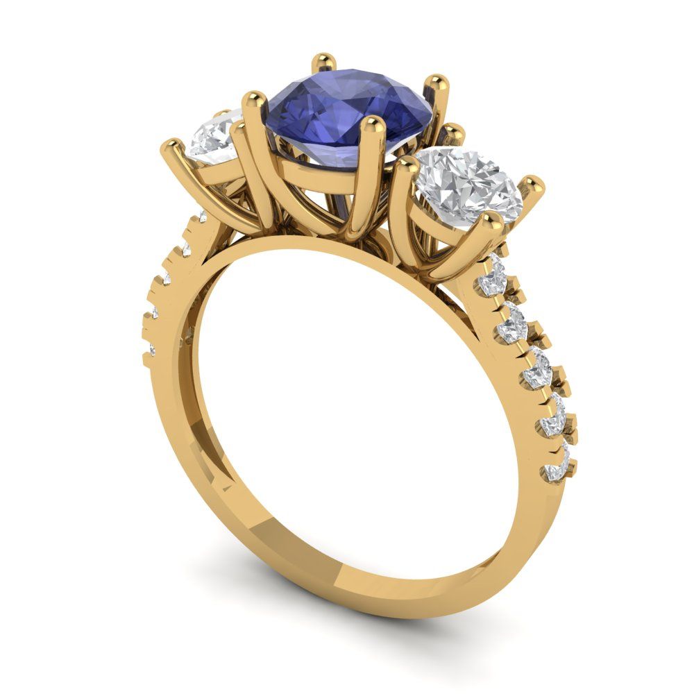 1.97 cttw Simulated Tanzanite Three-Stone Engagement Ring - Solid Gold (Round Cut,6.5mm)