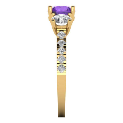 1.97 cttw Natural Amethyst Three-Stone Engagement Ring - Solid Gold (Round Cut,6.5mm)