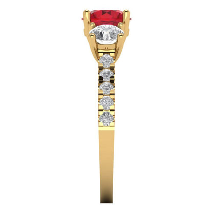 1.97 cttw Simulated Ruby Three-Stone Engagement Ring - Solid Yellow Gold (VVS1, Round Cut,6.5mm)