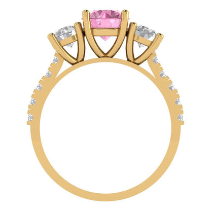 1.97 cttw Zirconia Simulated Pink Diamond Three-Stone Engagement Ring - Solid Gold (VVS1, Round Cut,6.5mm)
