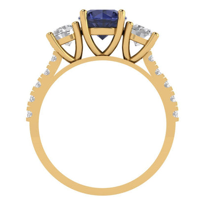 1.97 cttw Simulated Blue Sapphire Three-Stone Engagement Ring - Solid Gold (Round Cut,6.5mm)