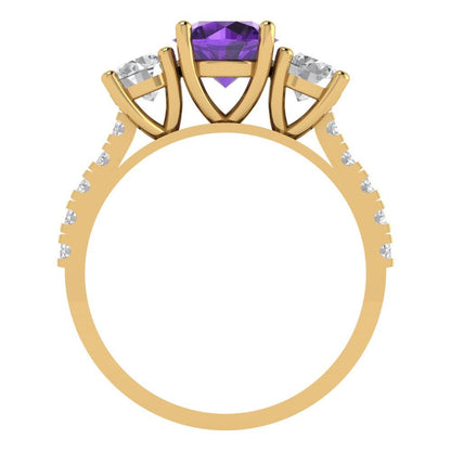 1.97 cttw Natural Amethyst Three-Stone Engagement Ring - Solid Gold (Round Cut,6.5mm)