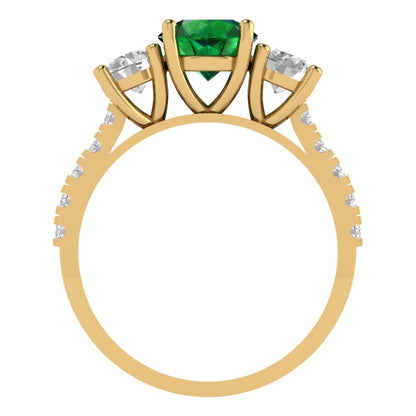 1.97 cttw Simulated Emerald Three-Stone Engagement Ring - Solid Gold (Round Cut,6.5mm)