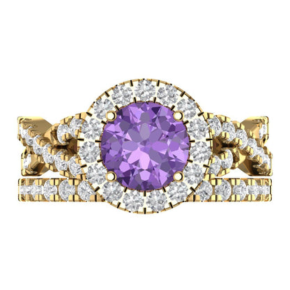 1.795 cttw Round Cut Simulated Alexandrite Bridal Set - Solid Yellow Gold Engagement Ring & Wedding Band