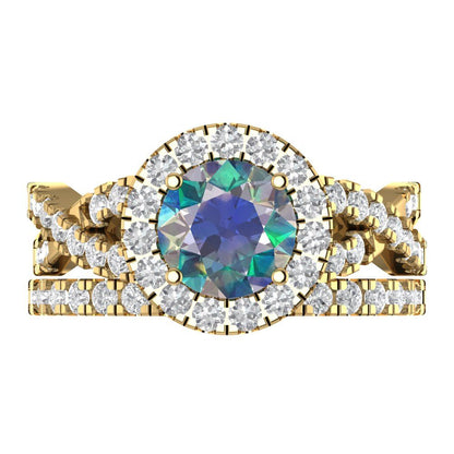 1.795 cttw Round Cut Blue Moissanite Bridal Set - Solid Yellow Gold Engagement Ring & Wedding Band