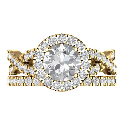1.795 cttw Round Cut White Sapphire Bridal Set - Solid Yellow Gold Engagement Ring & Wedding Band