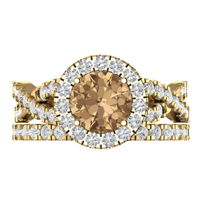 1.795 cttw Round Cut Simulated Champagne Diamond Bridal Set - Solid Yellow Gold Engagement Ring & Wedding Band