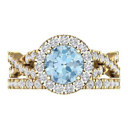 1.795 cttw Round Cut Natural Aquamarine Bridal Set - Solid Yellow Gold Engagement Ring & Wedding Band