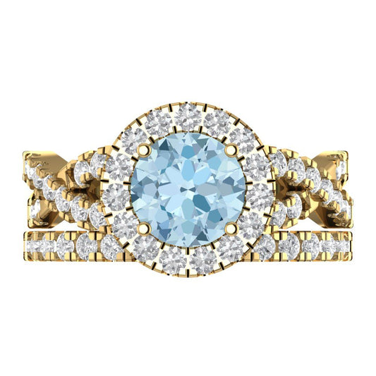 1.795 cttw Round Cut Natural Aquamarine Bridal Set - Solid Yellow Gold Engagement Ring & Wedding Band