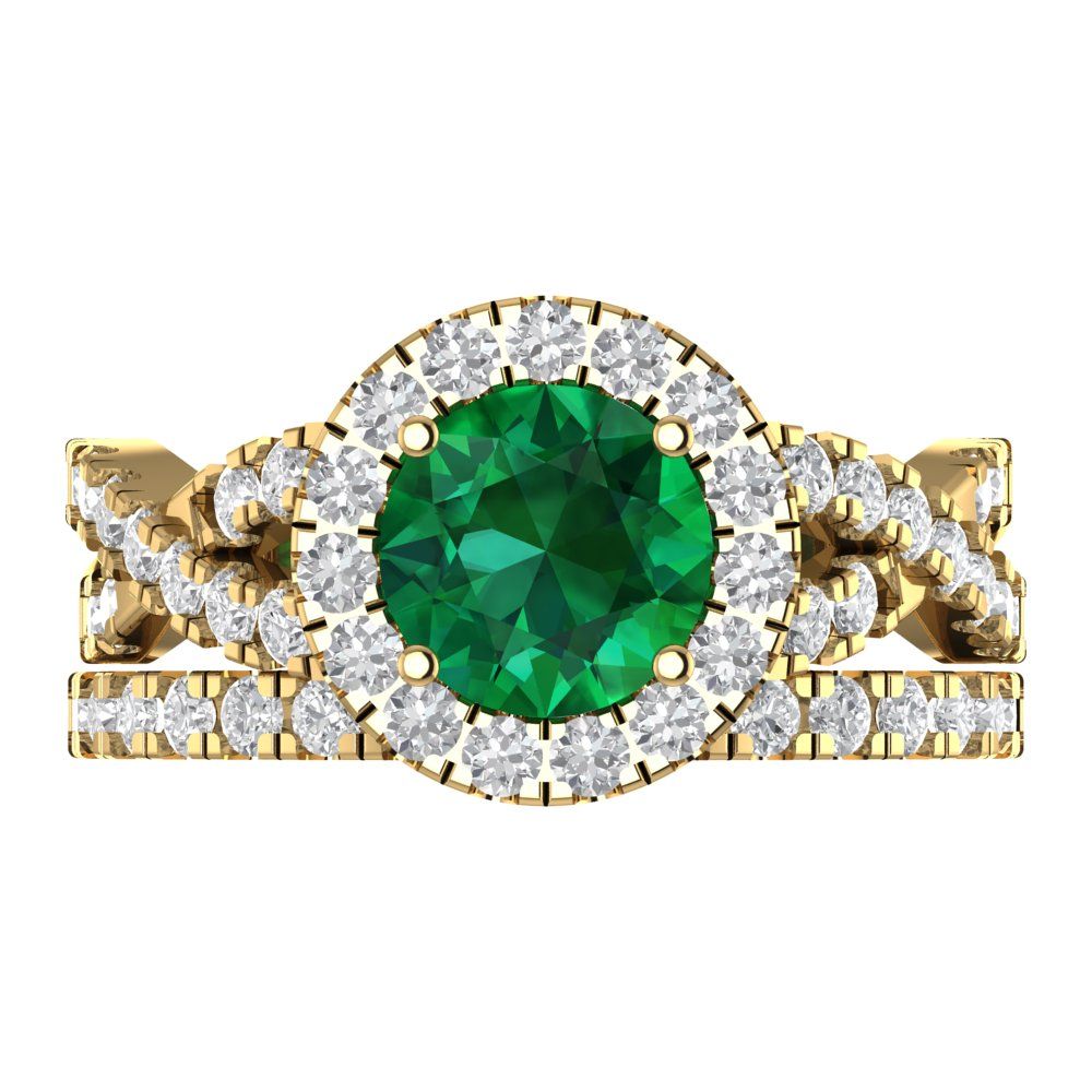 1.795 cttw Round Cut Simulated Emerald Bridal Set - Solid Yellow Gold Engagement Ring & Wedding Band
