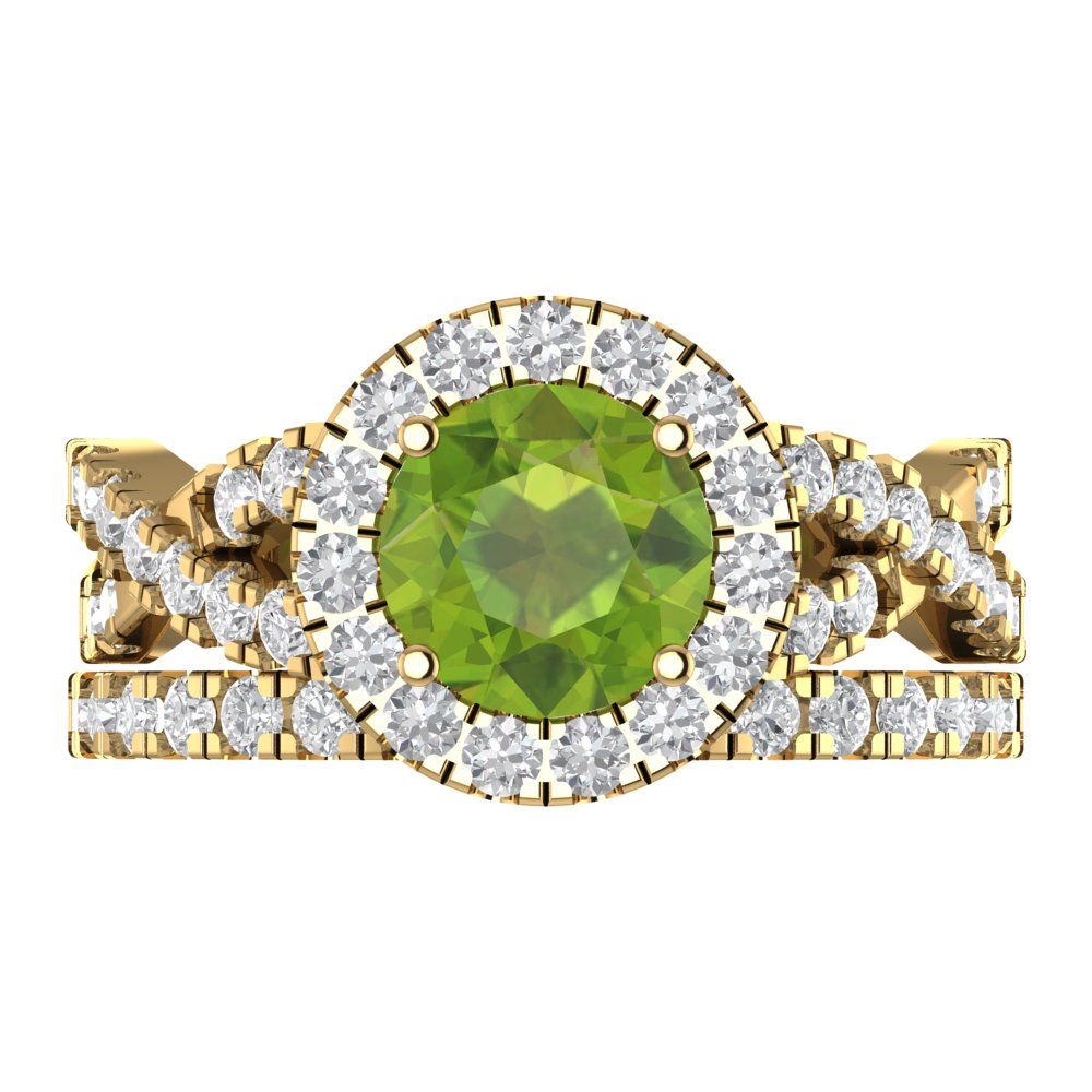1.795 cttw Round Cut Natural Peridot Bridal Set - Solid Yellow Gold Engagement Ring & Wedding Band